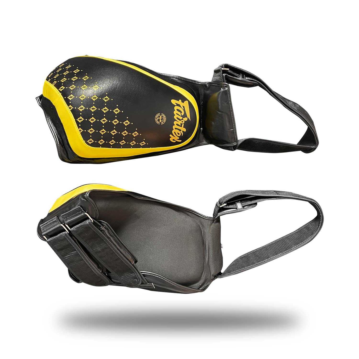 4more-sports-fairtex-schenkelschutz-schwarz-gelb-vorne-hinten FAIRTEX SCHENKEL PADS OBERSCHENKELSCHONER
